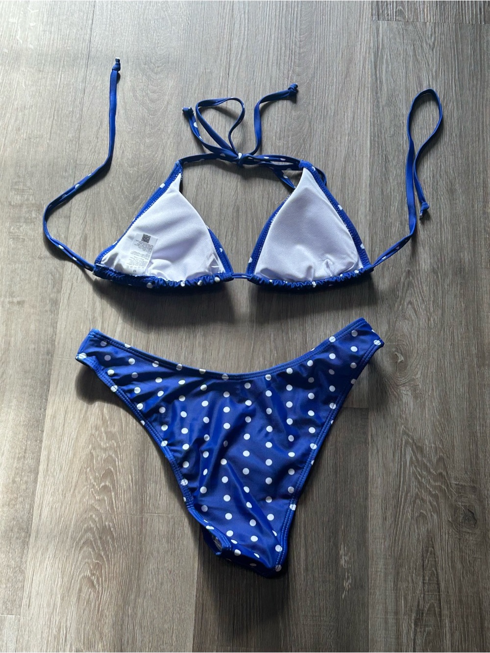 Blue White Polka Dot String Tie Triangle Bikini Set - Swimwear Size M - Picture 2 of 4